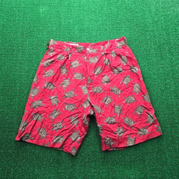 Perry Ellis Shorts Mens 32 Red Chino Sea Turtle All Over Print AOP Summer Beach - Picture 1 of 7